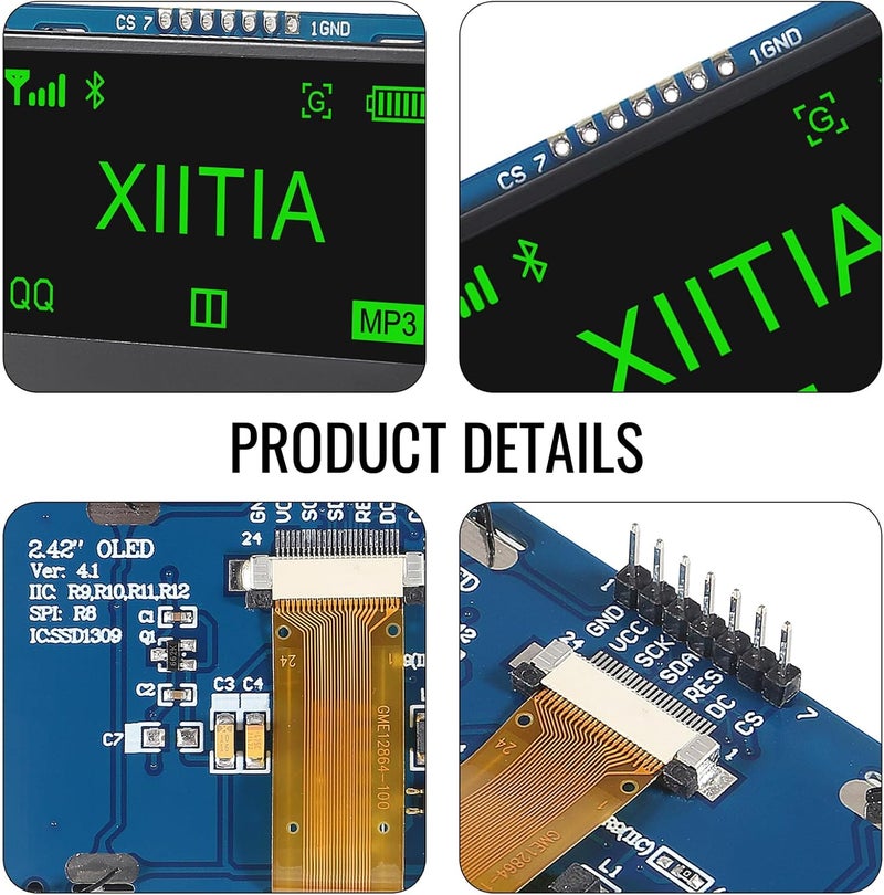 XIITIA 2pcs 2.42 inch 128x64 OLED LCD Display Module SSD1309 7 Pin SPI/IIC I2C Serial Interface for Arduino UNO R3 (Green Light) - Image 4